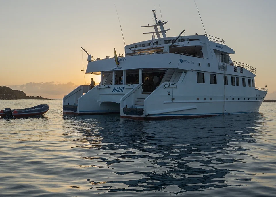 Vista posterior del Anahí al atardecer en aguas de Galápagos, ideal para rutas exclusivas y observación de fauna